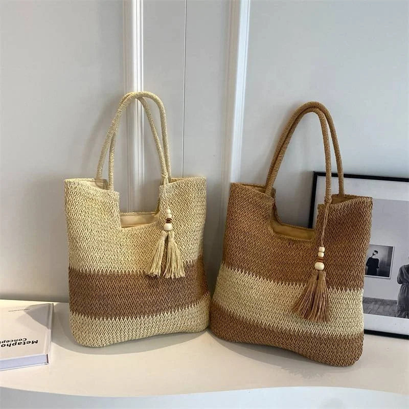 New Eco Friendly Straw Beach Bag Two-Color Woven Material One Shoulder Braided Casual Tote Open Two Handles Tassel Paper Pendant