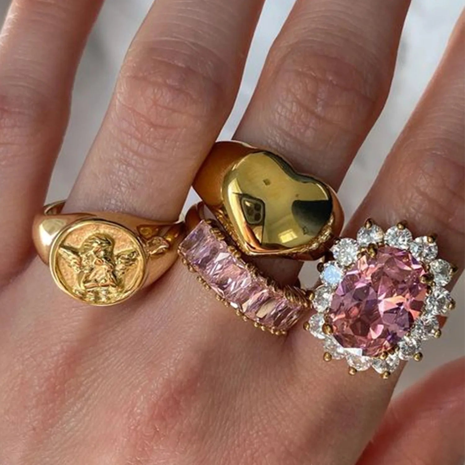 Fashion 18K Gold Plated Round Love Heart Angel Signet Gemstone Ring Jewelry Stainless Steel Wholesale