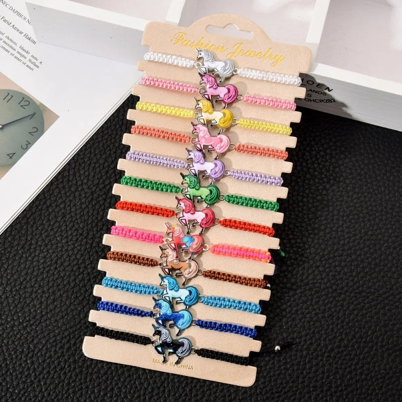 BSCI Factory Handmade 12pcs Colorful Macrame String Bracelets Cute Unicorn Design Bohemian Style Rhodium Fashionable Charm