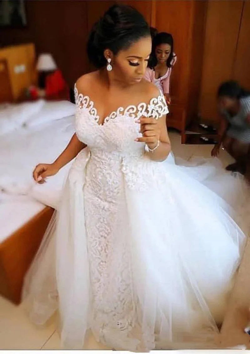 Vestidos De Novia African Handwork Sheer Neck Plus Size Bridal Lace Two in One Short Sleeve Wedding Dresses MWA1000 MegaBDM