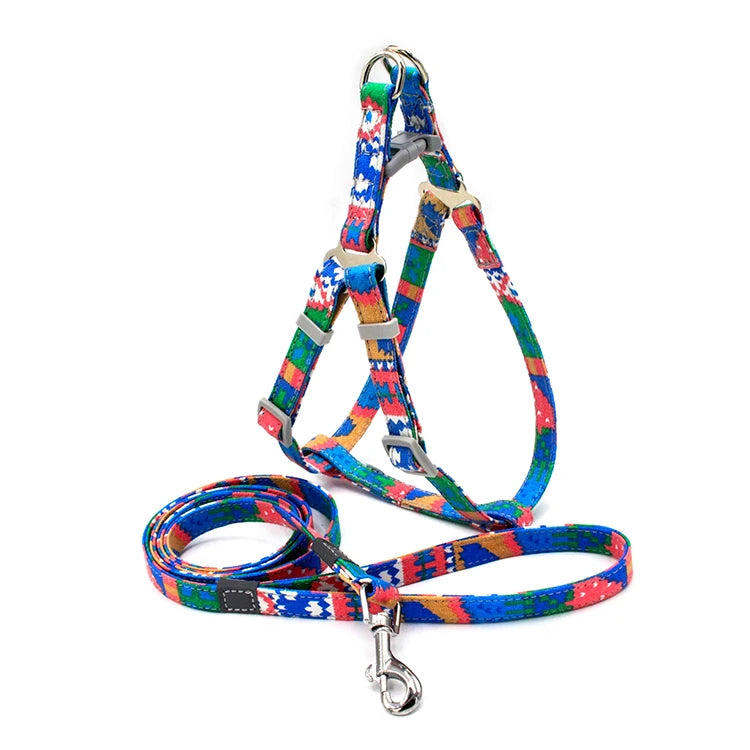 Best Selling Bohemian Style Dog Leash Harness Set Canvas with Solid Flower Pattern Padded and Decorated with Ribbons