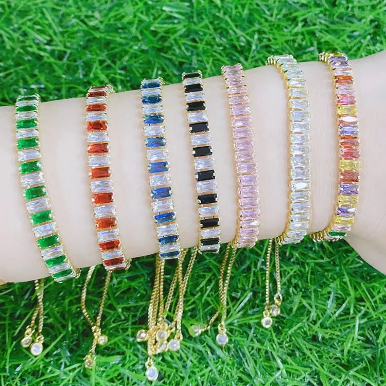 BC1377 Rainbow Rectangle Double Colour Cubic Zirconia Tennis Bracelet Multicolor CZ Zircon Baguette Adjustable Slide Bracelet