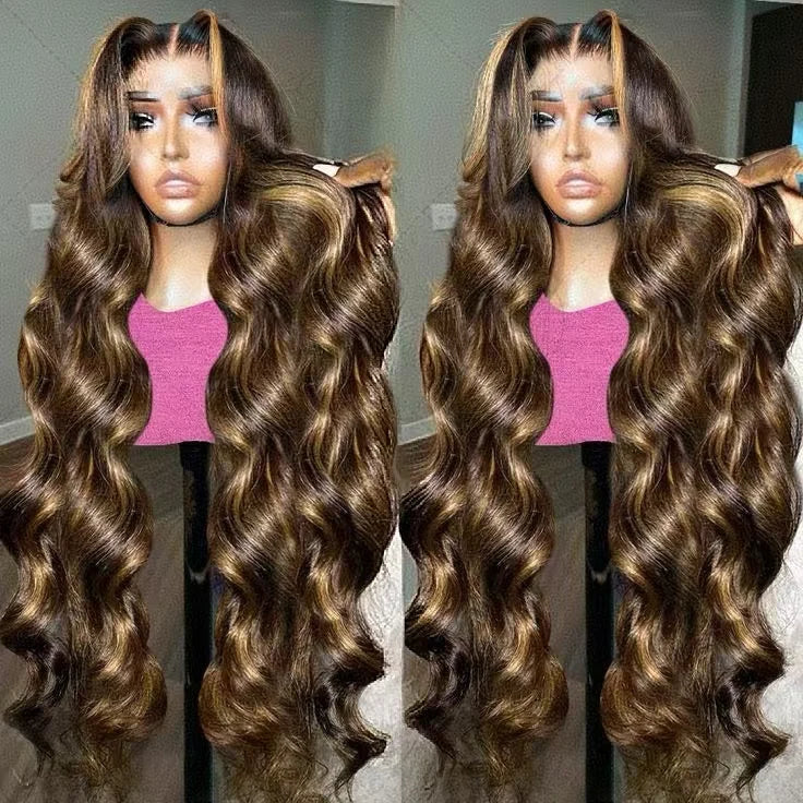 13x4 HD Lace Frontal Pre-Plucked Raw Indian Hair Wigs Long Brown Body Wave with Afro-Colored Transparent Lace Style