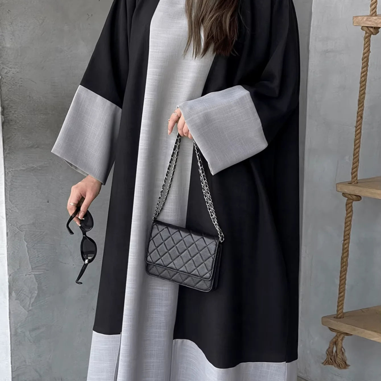 Yuxi 2024 Fashion Islamic Clothing 2pcs Abaya Set Inner Slip and Open Abaya Cardigan Color Matching Abaya Women Muslim Dress
