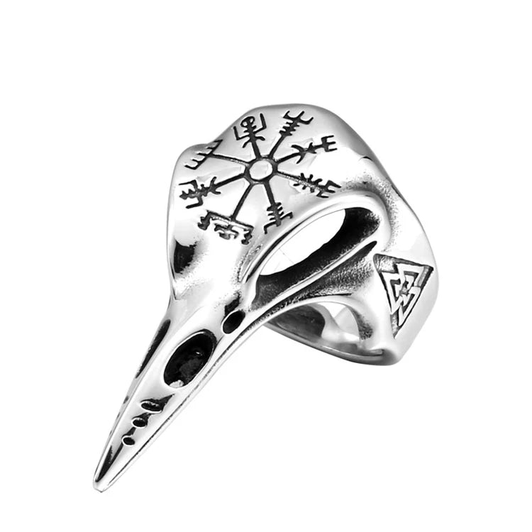 SS8-795R Stainless Steel Viking Valknut Pagan Raven Pointed Mouth Bird Head Skeleton Rune Punk Finger Rings