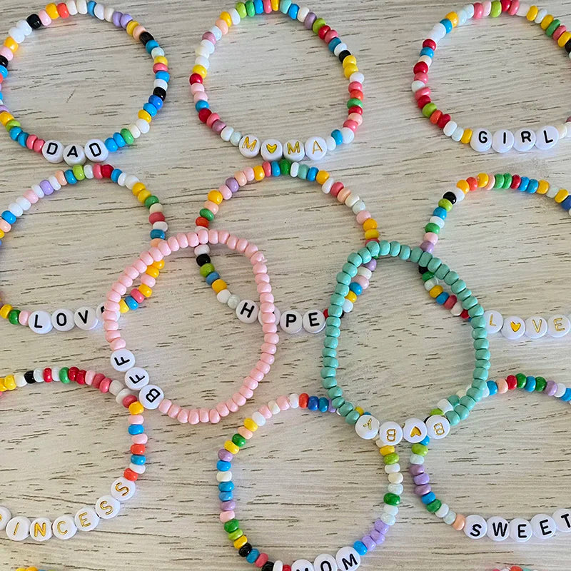 Custom Name Beaded Bracelet Custom Word Seed Bead Stretch Kids Bracelets Personalized Seed Beaded Name Bracelet
