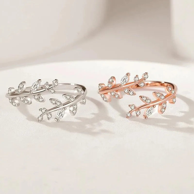 Lovely Full Crystal Leaves 925 Sterling Silver Rings for Women Beautiful Gifts Jewelry