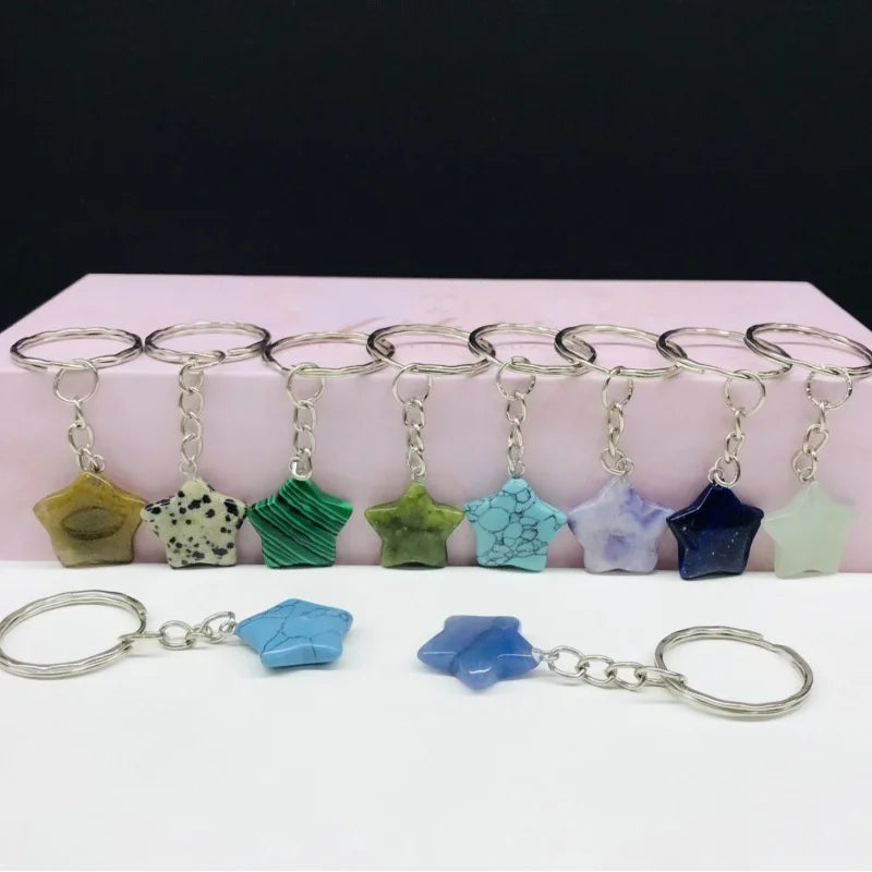 HZ Stone Keyrings Hand Carved Crystal Key Chain Stone Bag Charms Opal Unakite Lapis Gemstone Jewelry Gift Crystal Star Keychain