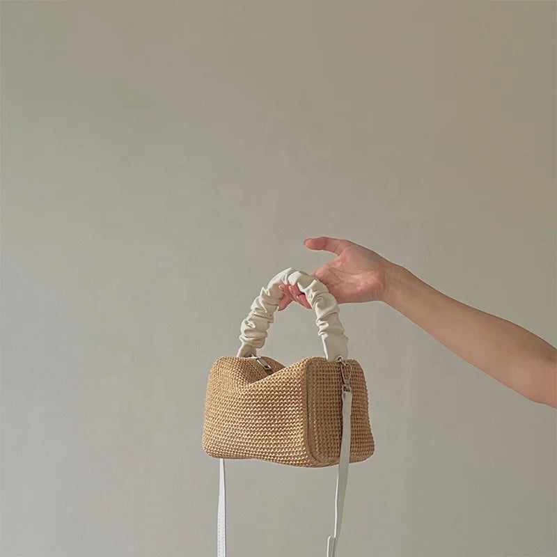 Women's Retro Summer Handbag Lightweight Straw Pleated Handle Zipper Closure New Collection Color Clash Ruched for Ladies Girls