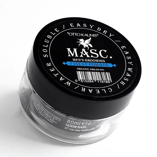 MASC. Mens Grooming Finest Pomade Organic Heat Protection Water-Based Medium Shine Medium Hold Anti-Frizz Curly Frizzy Vegan