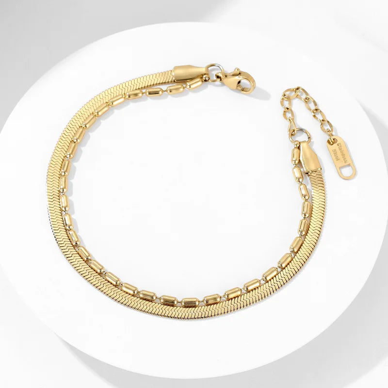 Unique Design Gold Plated Stainless Steel Jewelry Double Layered Beaded Chain Bracelet Double Layered Snake Bracelet for Women