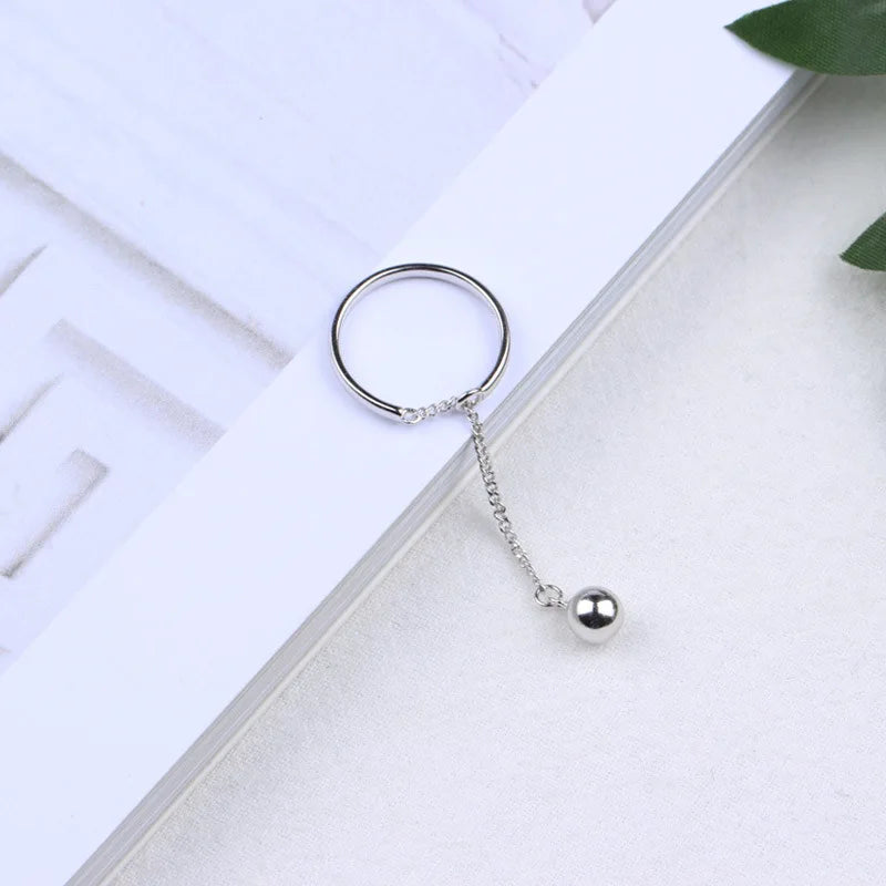 925 Sterling Silver Long Chain Adjustable Ball Beads Opening Rings for Women Bague Anillos Jewelry
