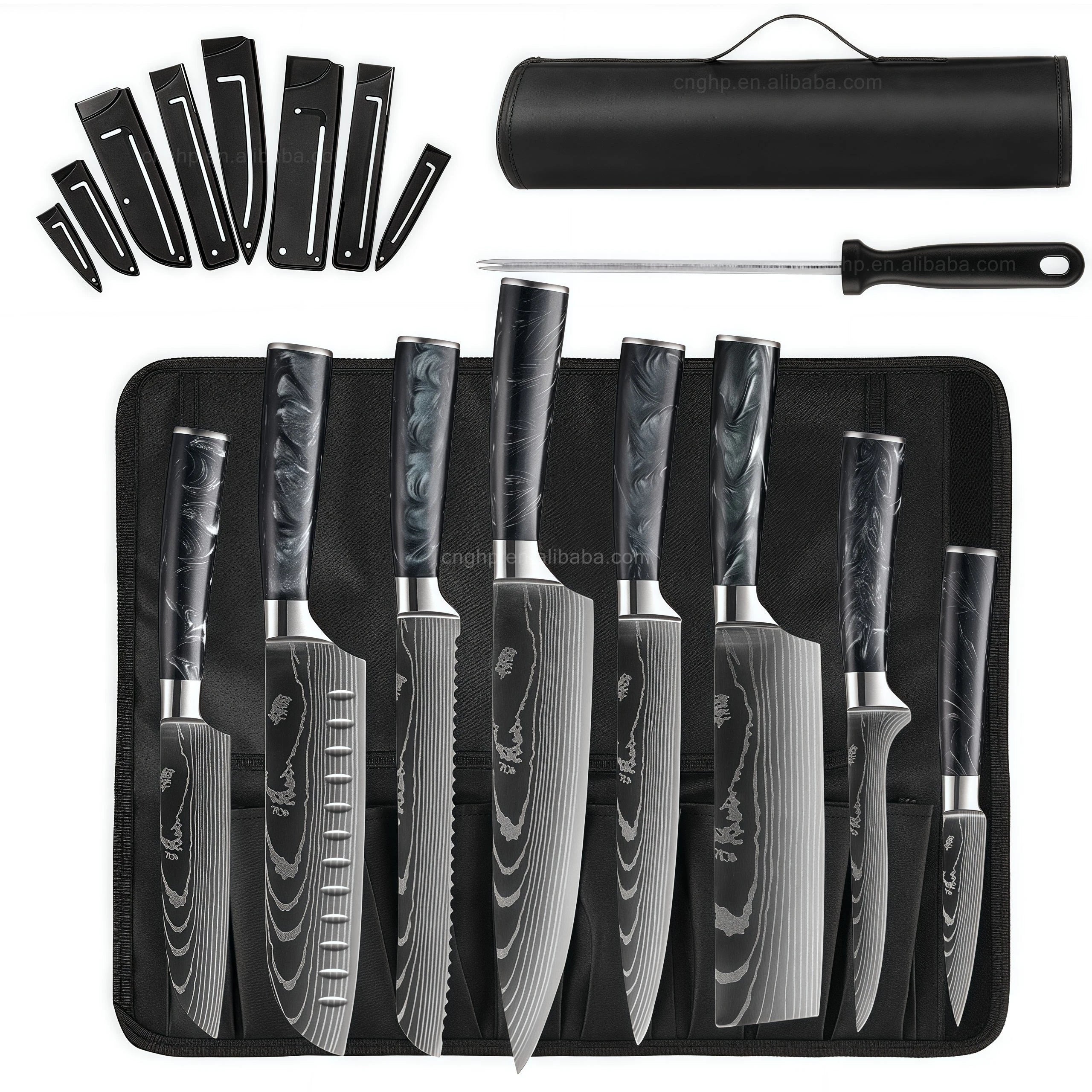 Wholesale 10pcs Damascus Steel Kitchen Chef's Knife Set Custom Steak Knives Carbon Steel Blade Multifunction Household Knife