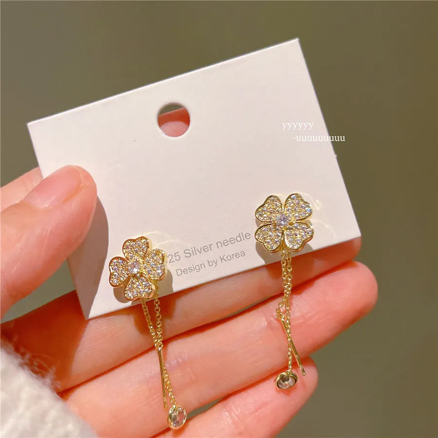 Brass Zircon Earring Silver Needle Light Luxury Flower Earrings Drop Zircon Four Clover Stud Earrings for Women