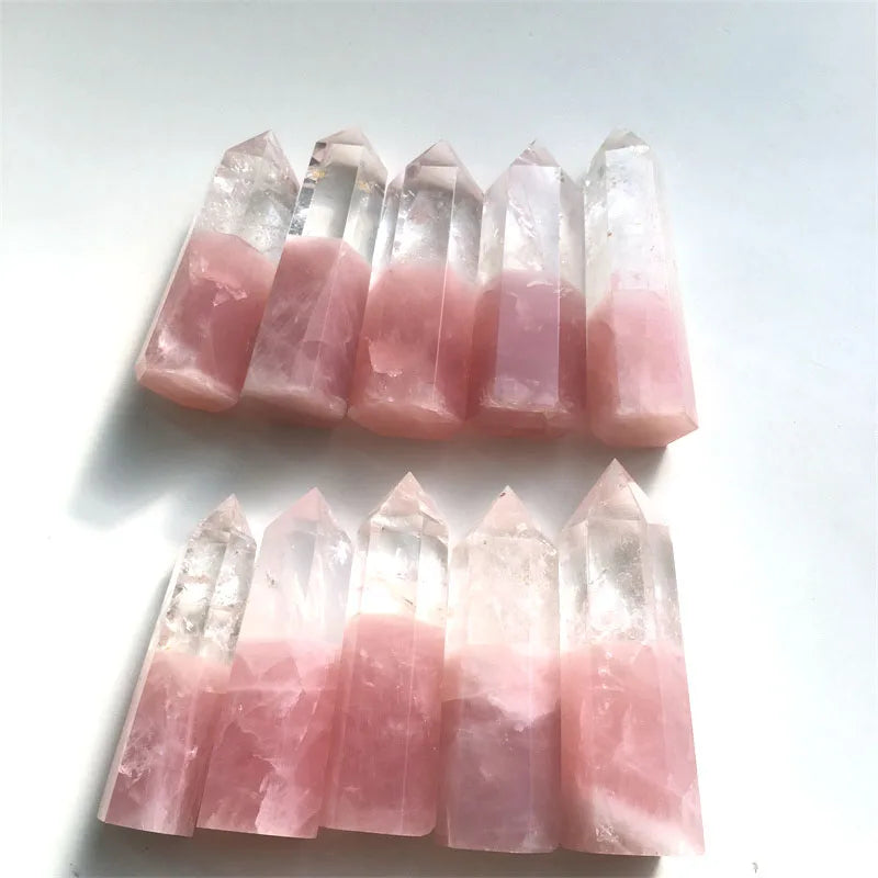 Wholesale Natural Polished Crystals Wand Rose Quartz and Clear Quartz Splicing Point Tower for Healing