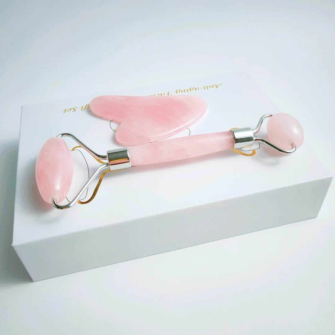 Huiying Factory Sell Natural Pink Rose Quartz Jade Roller Heart Shape Gua Sha Tools Kit Wtih Box