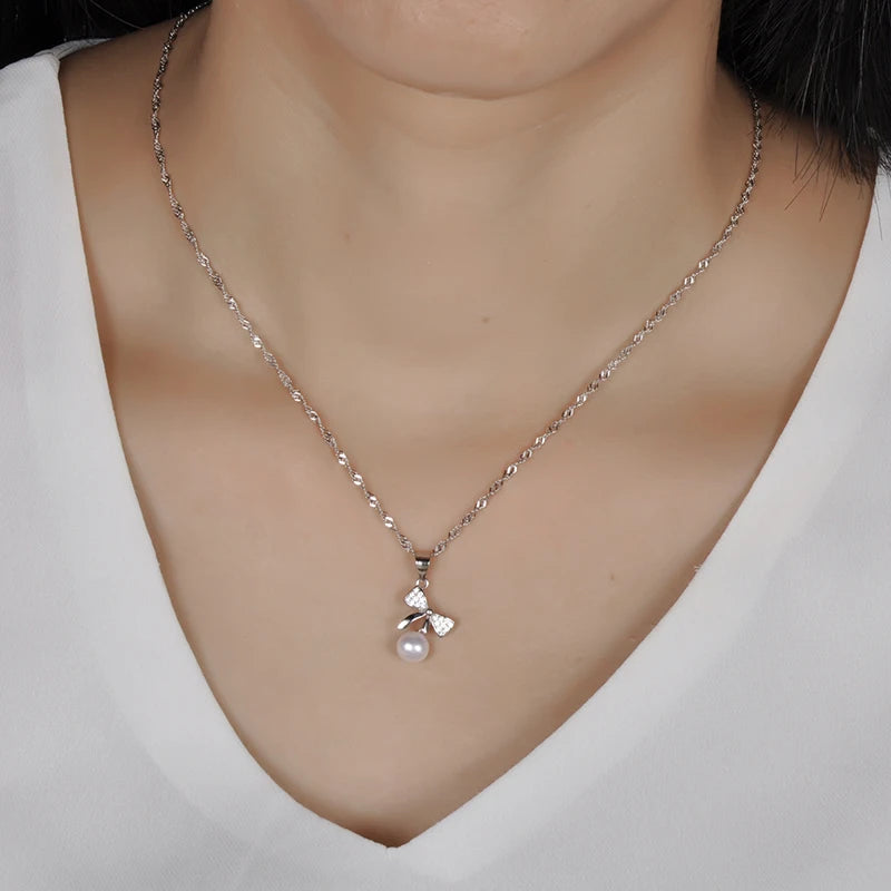 Fashion Bow Tie Inlay Cubic Zircon Stone  Pearl S925 Sterling Silver Pendant Necklace for Women