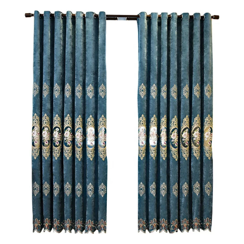 High Quality European Luxury Ready Made Finished Drapes Chenille Rose Floral Embroidered Curtain for Living Room