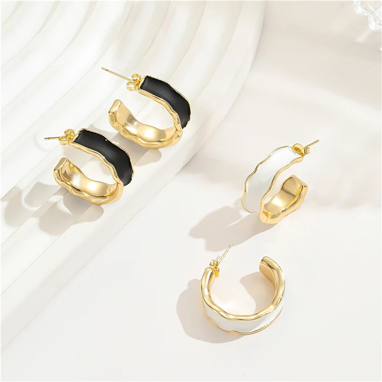14K Gold Plated Brass Enamel Black White Earrings Jewels Fashion Jewelry Hoop Earrings 2022