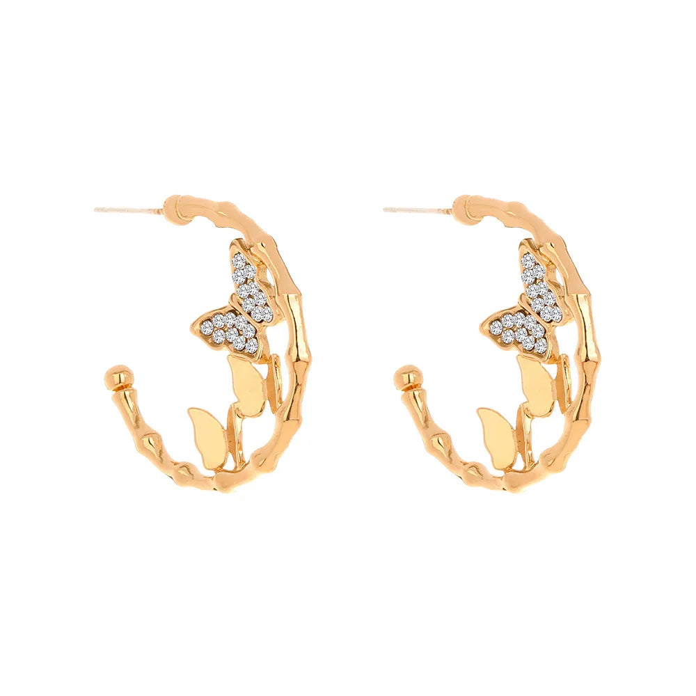 Fashion Temperament Hollow Out C Shaped Earrings for Women Simple Bamboo Ring Creative Butterfly Stud Earrings Jewelry