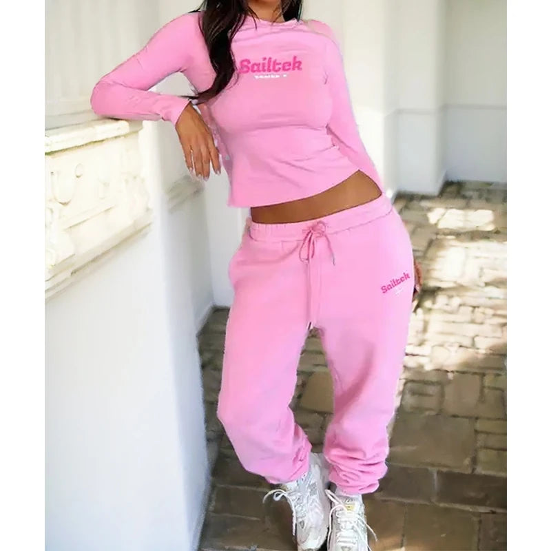 2026 Women Clothing Custom Streetwear Pink 2 Piece Long Sleeve Crop Top and Pants Tracksuit Women Loungewear Sets