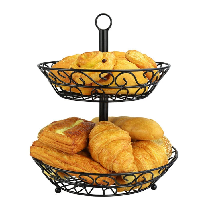 2 Tier Kitchen Countertop Round Fruit Storage Basket Metal Wire Vegetable Shelf Mesa Art Hollow Basket Organize Holder Multi MegaBDM
