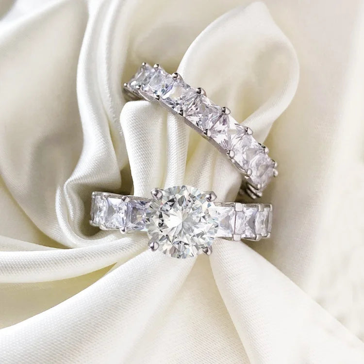 Hot Selling Full Diamond Couple Ring Sets 2PCS Platinum Plated Trendy Cubic Zircon Ring for Couples Bride Wedding Marriage Rings MegaBDM