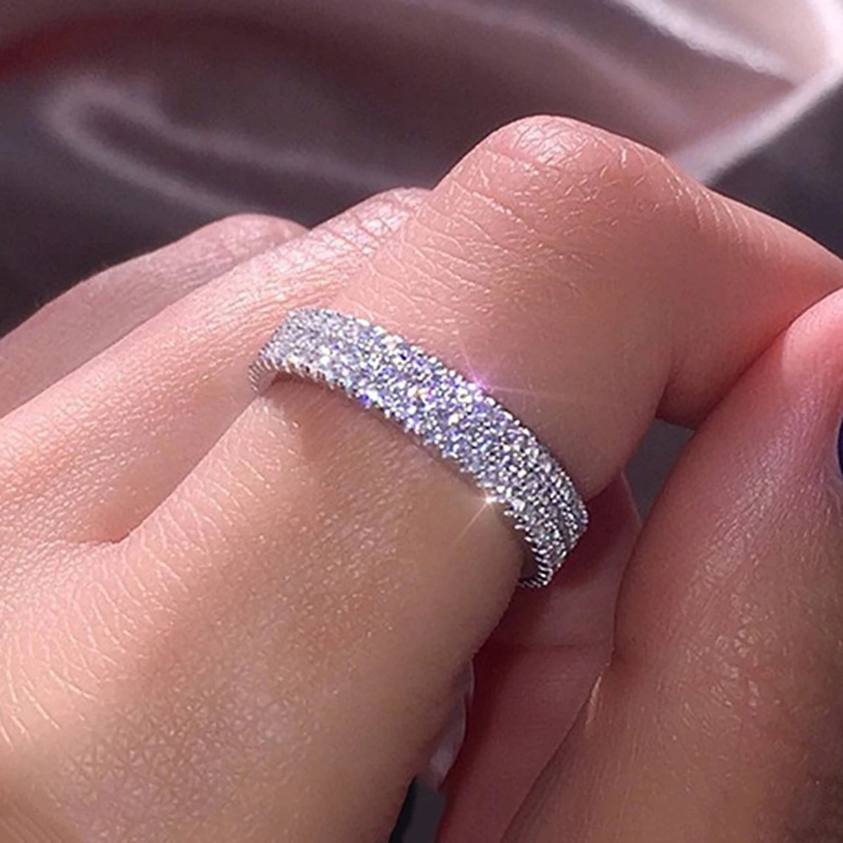 Huitan S925 Dainty Sparkling Full Paved Simulated Moissanite Band Rings for Fashion Jewelry Engagement Rings Sterling Silver OEM