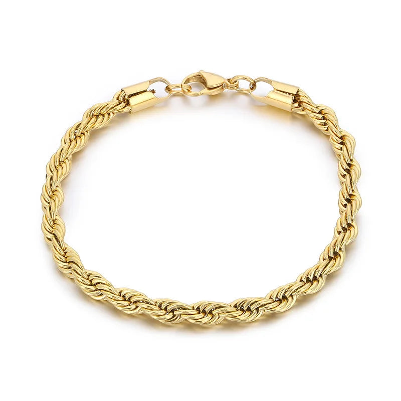 Wholesale 18K Gold Plated Stainless Steel Fashion Waterproof Jewelry 5mm Thick Twisted Rope Chain Bracelet Women