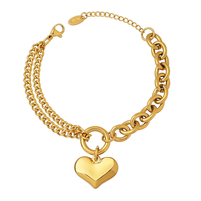 18K Gold Stainless Steel Waterproof Chunky Heart Curb Chain Bracelet for Women Smooth Double Layer Charm Bracelets