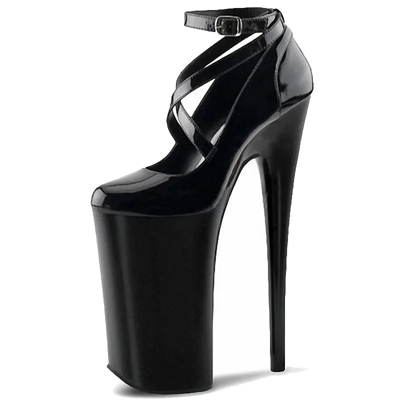 Women's Large Sandal 20 cm Super High Heel Platform Black Shallow Cross Band Transvestite Pole Dancer Club Dance Slip-On Autumn