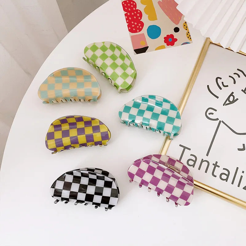 Women Vintage Big Colorful Checker Hair Clamp Checker Acrylic Check Acetate Hair Claws Clips Half Moon Claw Clip for Thick Hair