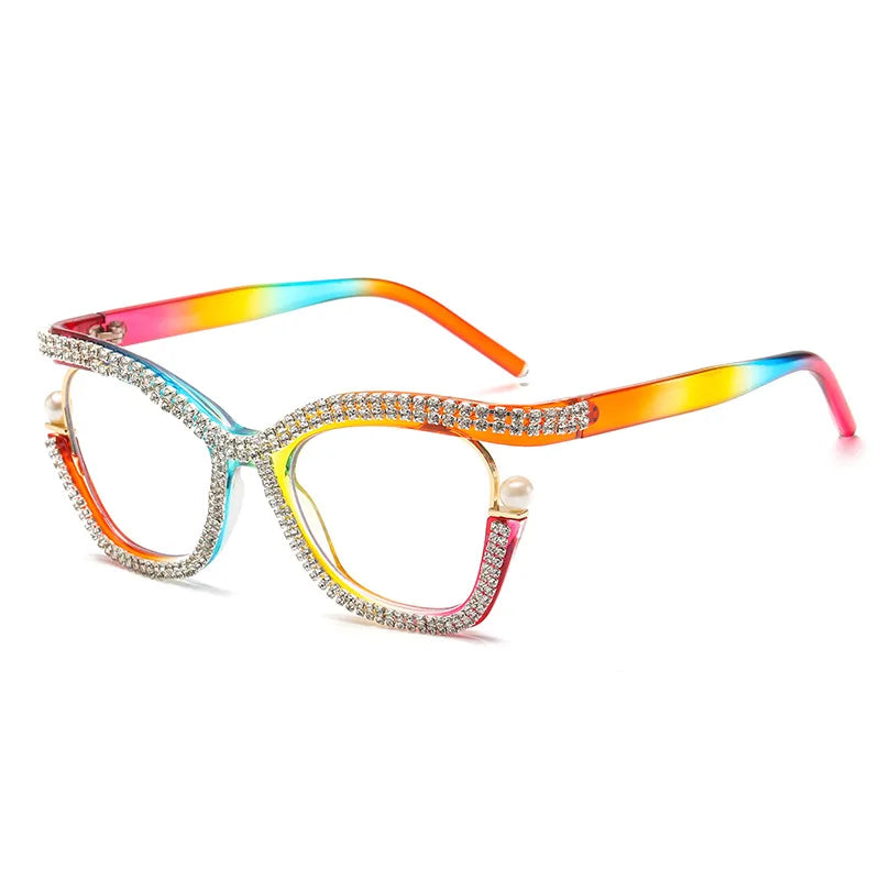 F23008 Anti Blue Light Rhinestone Ladies Big Frame Eyeglasses Frames With Diamond Wholesale for Men Cat Eye Metal Women Glasses