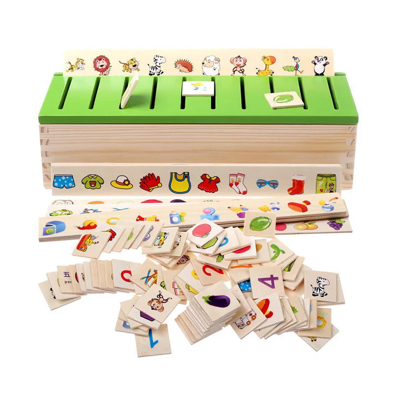 Wooden Intelligence Knowledge Sorting Box Fruit Animal Traffic Shape Digital Matching Game Montessori Early Education Toy Kids