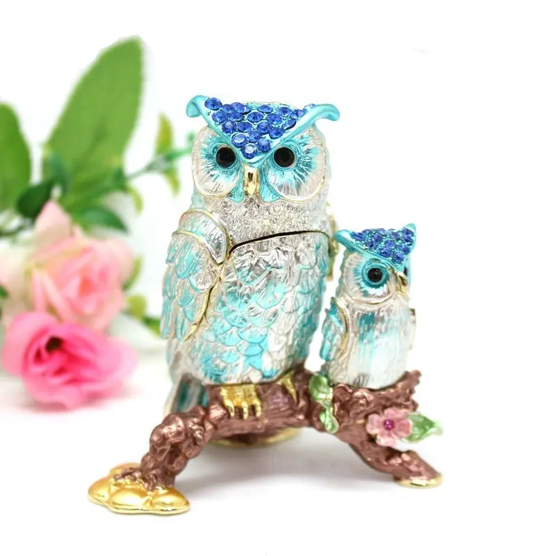SHINNYGIFTS Hand- Painted Mother&Son Owl Trinket Box With Rich Enamel Jewelry Trinket Box Mother's Day Gift