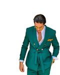 Custom Green With Belt Double Breasted Mans Suit Groom Tuxedos Peaked Lapel Groomsmen Best Mens Wedding Suits Prom Jackets+Pants