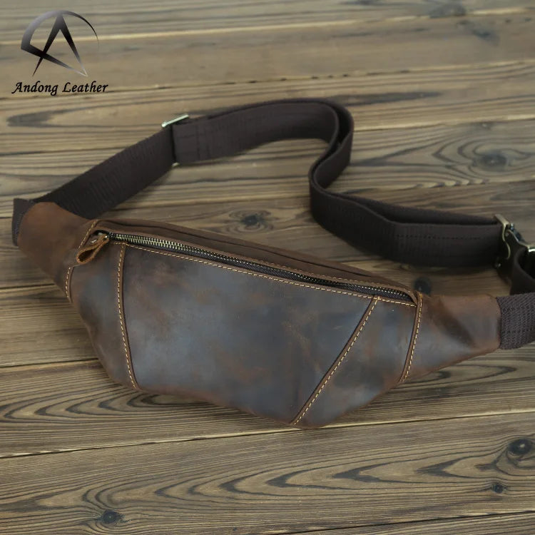 Andong Retro Men Crazy Horse Leather Waist Pack Bag Cowhide Male Shoulder Chest Bags Outdoor Sports Cycling Belt Phone Pocket