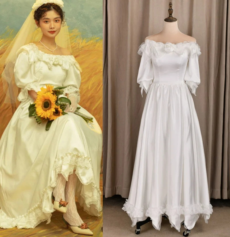 #3163  Real Photos Victoria Vintage Special Design 3/4 Long Sleeve Lace  Soft Lace up Ivory Bridal Gown Wedding Dress