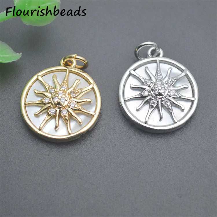 New Design Anti Rust Gold Silver Plated CZ Pave Inlaid Natural White Shell Sunflower Charms for Jewelry Making