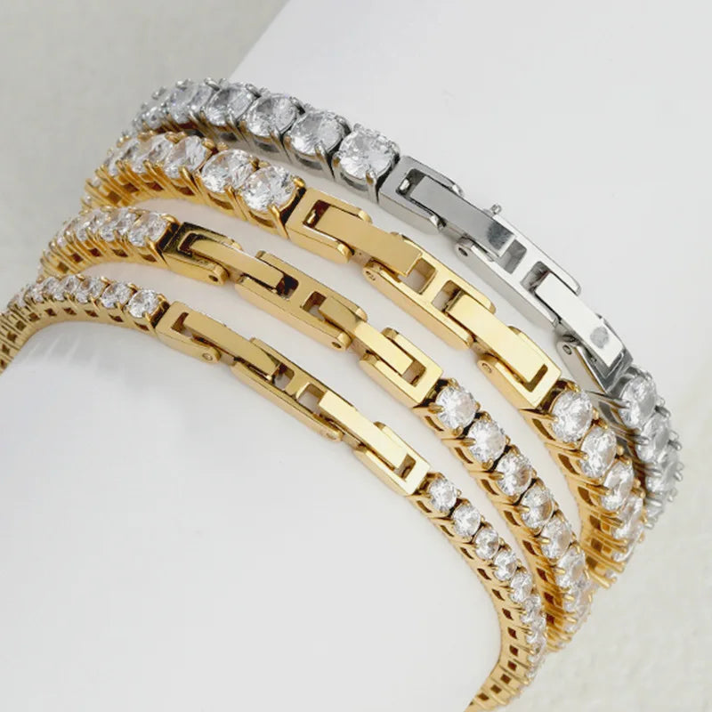 18K Gold Plated 3mm 4mm 5mm Cubic Zirconia Stainless Steel Classic Tennis Bracelet Unisex Double-Buckle 6.7-8 Inch