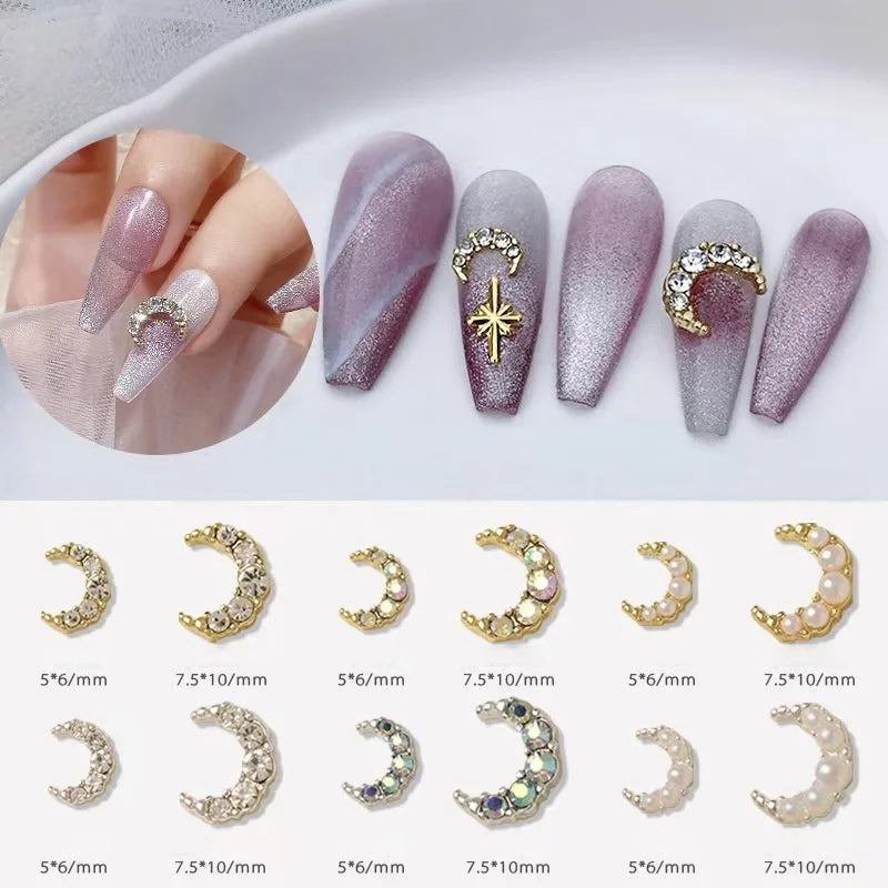 Nail Art Alloy Moon Jewelry Pearl Water Diamond 3D Shiny Metal Nail Jewelry Charms Silver Gold Moon Luxury Nail Decorations