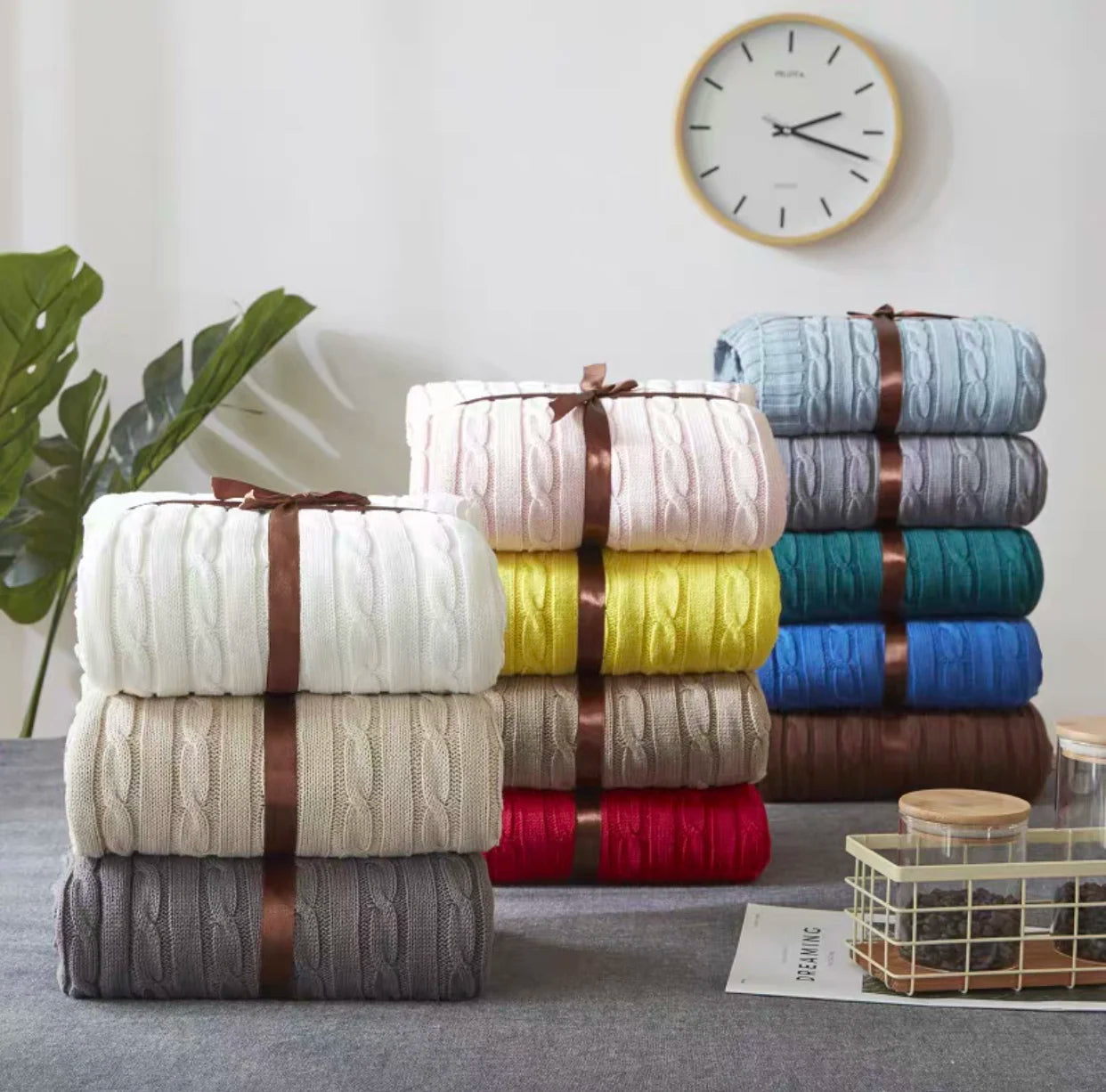 Custom 100% Cotton Cable Knit Throw Blanket Super Soft Warm Solid Color Blanket for Sofa Double Bed Armchair