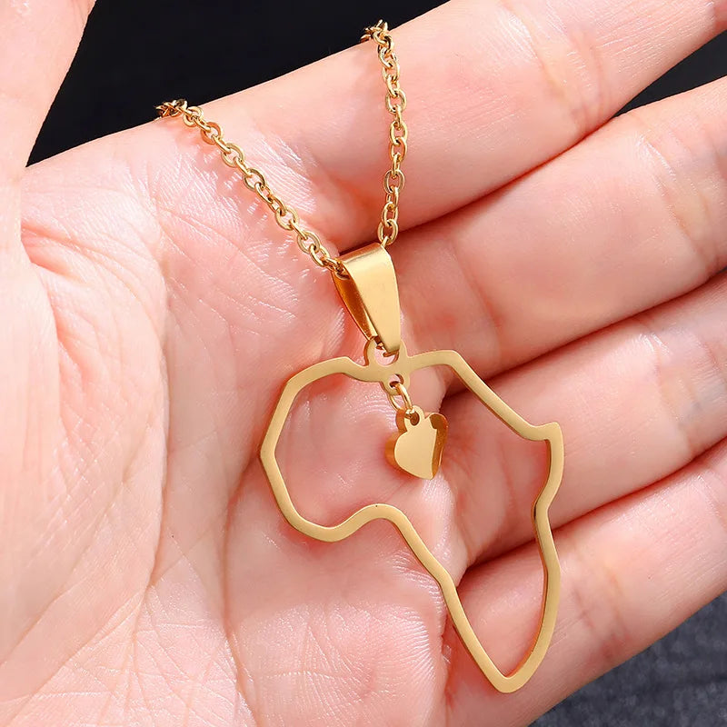Luxury Non Tarnish 18K Gold Silver Plated 316L Stainless Steel Africa Map Pendant Necklace Jewelry for Women