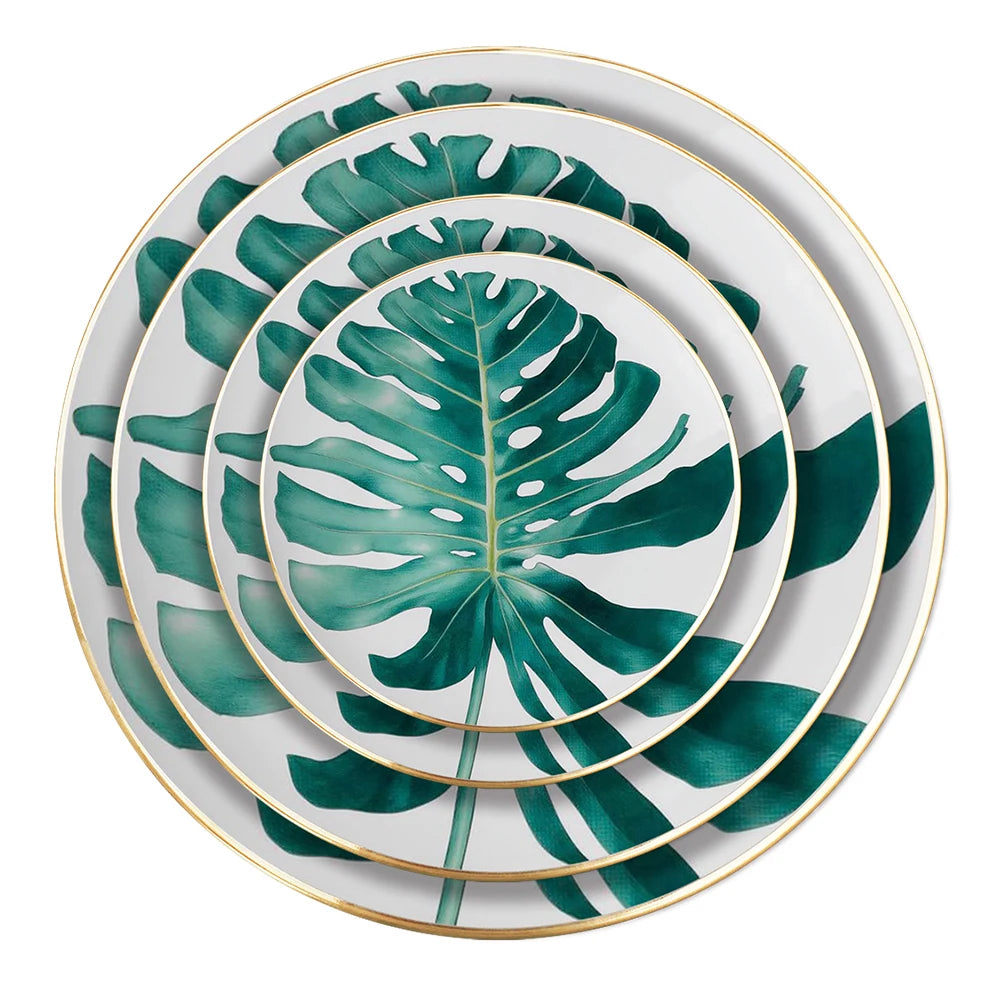 Leaf Decal Handmade Nordic Tableware Ceramic Plates Crockery Dinnerware Green Bone China Dinner Set