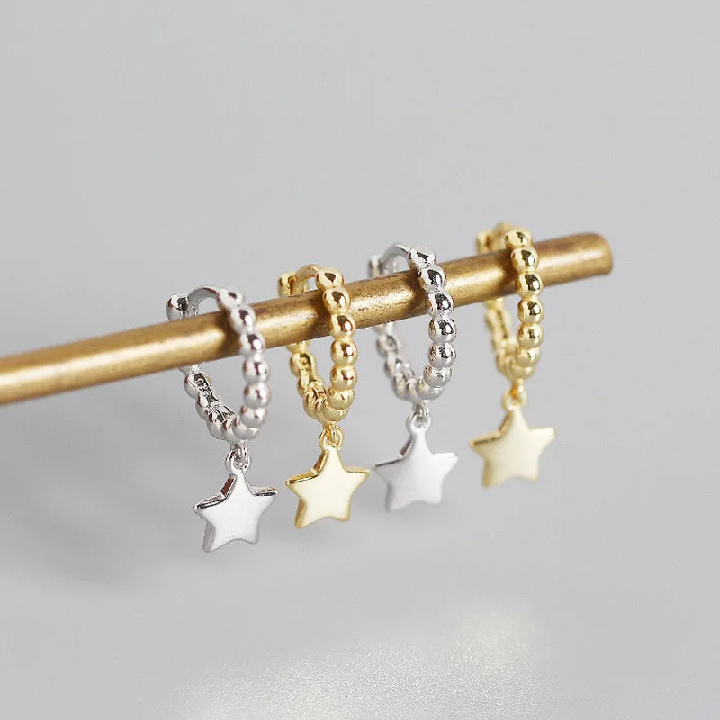 925 Sterling Silver Glossy Round Bead Star Pendant Drop Earrings for Women Girls Party Hip Hop Trendy Jewelry Gift