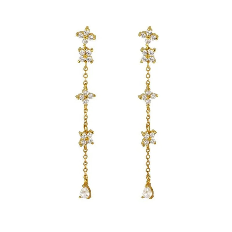 Milskye 925 Silver 18k Gold Plated Rhinestone Flower Chain Dangle Stud Earring