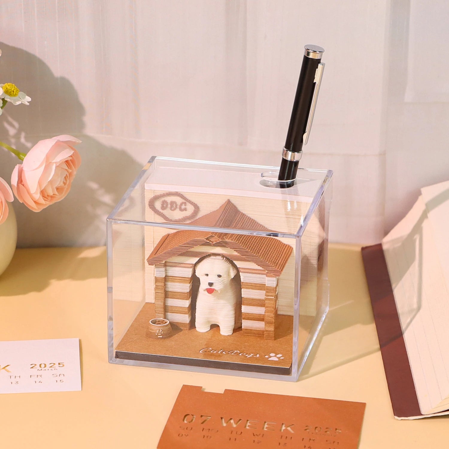 Cute 3D Dog Model 3D Memo Pad Paper Art Novelty Desktop Decor and Table Calendar with Gift Box