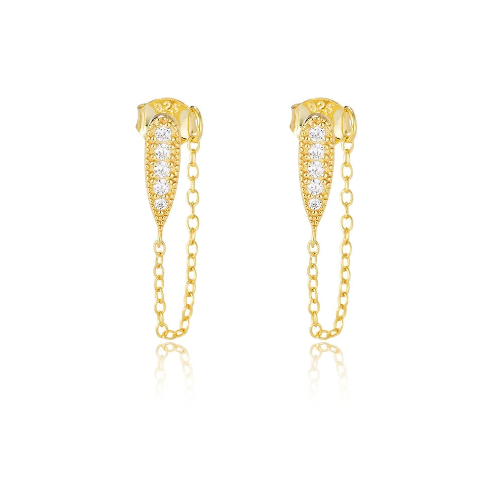 Wholesale 925 Sterling Silver 14k Gold Plated Stud Geometry Chain Connected Cz Diamond Tassel Earrings
