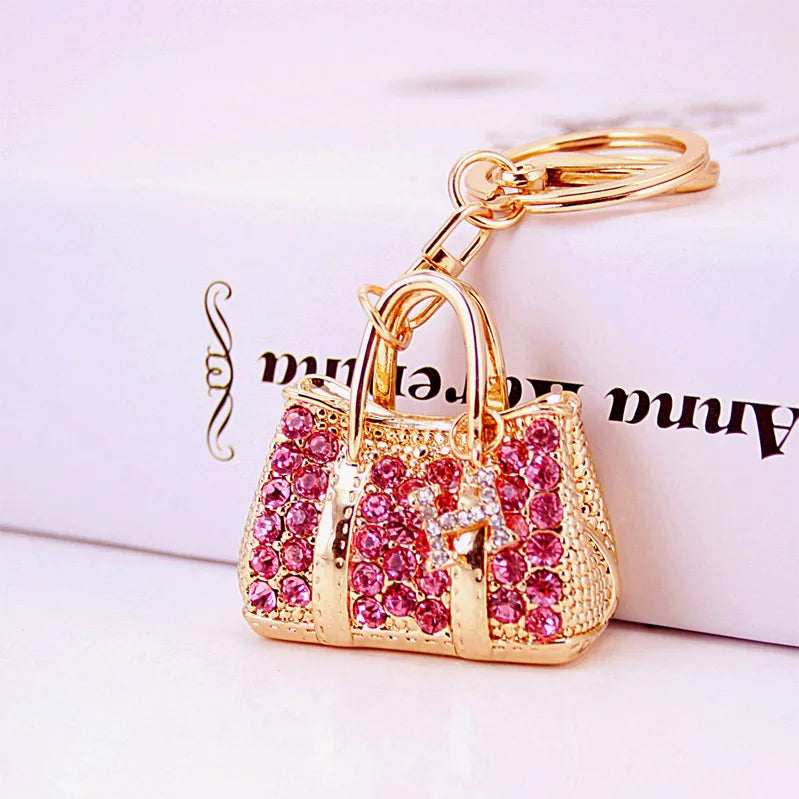 Environmental Protection Metal Zinc Alloy Handbag Shape Crystal KEYCHAIN Pink Key Chain for Women Girl