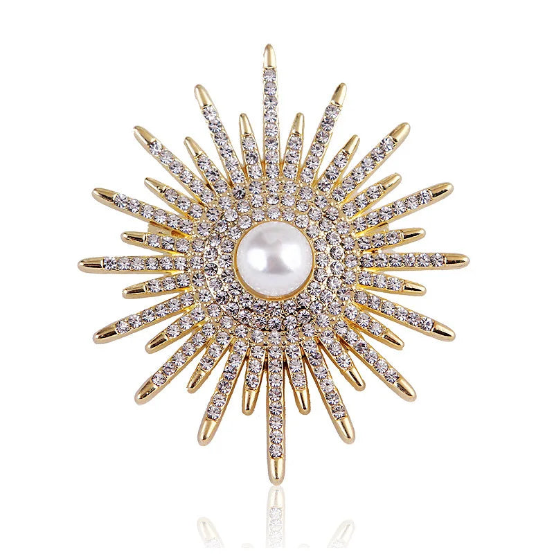 Metal Zinc Alloy High Fashion Jewelry Crystal Pearl Sunflower Suit Sun Pin Brooch Pin for Woman Sun-God Sun Brooch